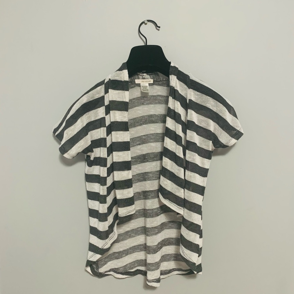 Grey and White Striped Short-Sleeved Cardigan